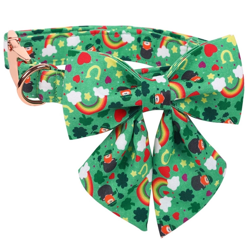 Handmade St. Patricks Day Cotton Dog Collar with Bowtie